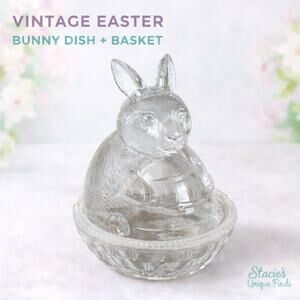 Vintage Glass Bunny Candy Dish Basket Woven Easter Decor Set